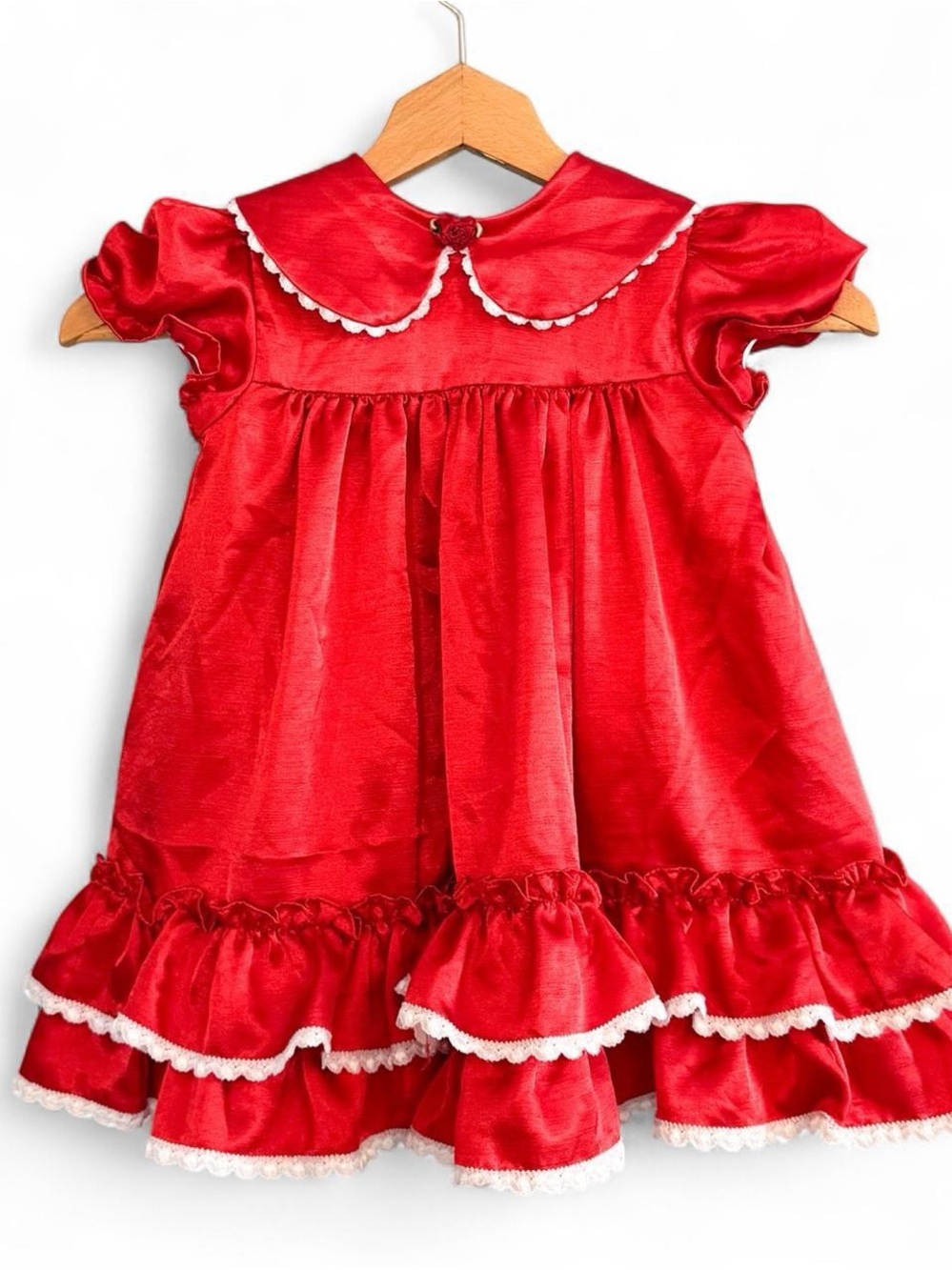 Vintage Jo Lene Red Satin Christmas Dress Lace Trim Peter Pan Collar Toddler